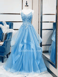 solvbao Light Blue V-neckline Lace Prom Dress with Corset Back, Light Blue Long Evening Dresses