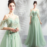 solvbao Light Green Lace Flowers V-neckline Straps Long Tulle Prom Dress, A-line Evening Dress Party Dress