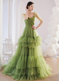 Solvbao Light Green Layers Tulle Sweetheart Long Formal Dresses, Tulle Wedding Party Dresses