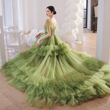 Solvbao Light Green Layers Tulle Sweetheart Long Formal Dresses, Tulle Wedding Party Dresses