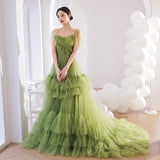 Solvbao Light Green Layers Tulle Sweetheart Long Formal Dresses, Tulle Wedding Party Dresses