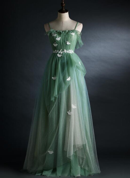 solvbao Light Green Straps Tulle Floor Length A-line Prom Dress, Tulle Scoop Party Dress Formal Dress