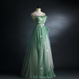 solvbao Light Green Straps Tulle Floor Length A-line Prom Dress, Tulle Scoop Party Dress Formal Dress