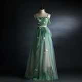 solvbao Light Green Straps Tulle Floor Length A-line Prom Dress, Tulle Scoop Party Dress Formal Dress