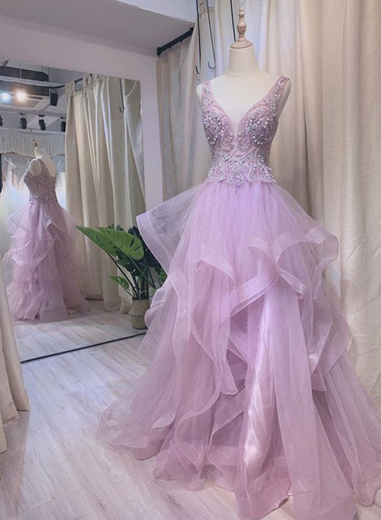 Solvbao Light Purple Tulle Beaded Layers Floor Length Formal Gown, Long Purple Evening Dress Prom Dress