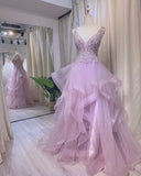 Solvbao Light Purple Tulle Beaded Layers Floor Length Formal Gown, Long Purple Evening Dress Prom Dress