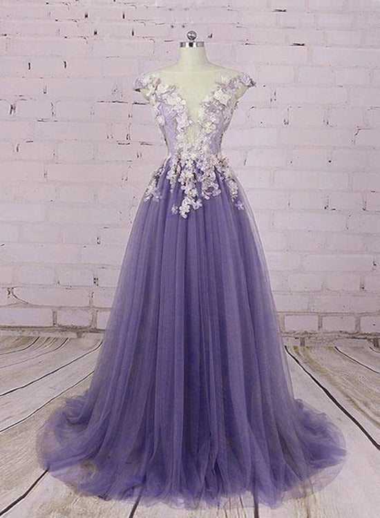 Solvbao Light Purple Tulle Floral Long A-line Prom Dress Wedding Party Dress, Lace Flowers Party Dress