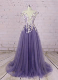 Solvbao Light Purple Tulle Floral Long A-line Prom Dress Wedding Party Dress, Lace Flowers Party Dress