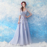 Solvbao Light Purple Tulle Flowers Lace A-line V-neckline Prom Dress,Purple New Party Dresses