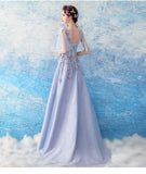 Solvbao Light Purple Tulle Flowers Lace A-line V-neckline Prom Dress,Purple New Party Dresses