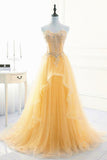 solvbao Light Yellow Beaded Tulle Long Party Dress Prom Dress, Yellow Formal Dresses