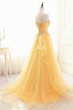 solvbao Light Yellow Beaded Tulle Long Party Dress Prom Dress, Yellow Formal Dresses