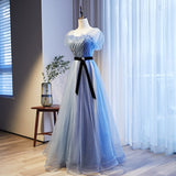 Solvbao Lovely Blue Beaded Long Evening Dress New Style Party Dress, Blue Tulle Formal Dresses