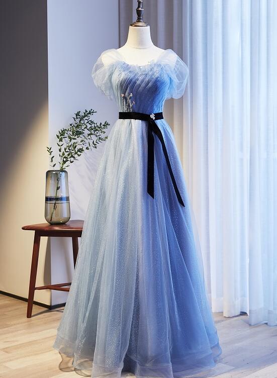 Solvbao Lovely Blue Beaded Long Evening Dress New Style Party Dress, Blue Tulle Formal Dresses