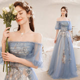 Solvbao Lovely Blue Tulle with Lace Long Off Shoulder Formal Dresses, Blue Evening Gowns