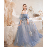 Solvbao Lovely Blue Tulle with Lace Long Off Shoulder Formal Dresses, Blue Evening Gowns