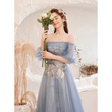 Solvbao Lovely Blue Tulle with Lace Long Off Shoulder Formal Dresses, Blue Evening Gowns