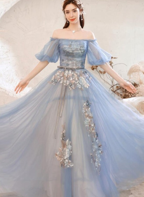 Solvbao Lovely Blue Tulle with Lace Long Off Shoulder Formal Dresses, Blue Evening Gowns