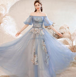 Solvbao Lovely Blue Tulle with Lace Long Off Shoulder Formal Dresses, Blue Evening Gowns