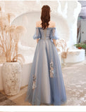 Solvbao Lovely Blue Tulle with Lace Long Off Shoulder Formal Dresses, Blue Evening Gowns