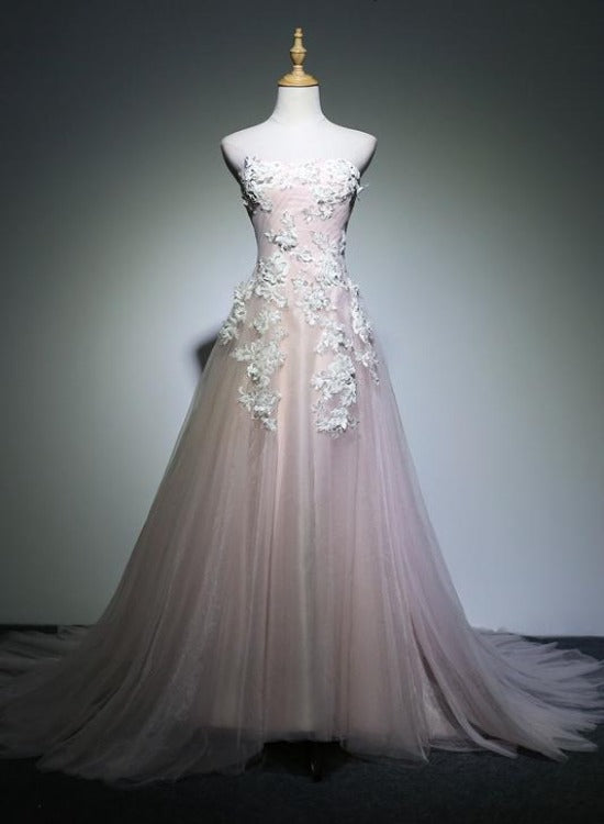 Solvbao Lovely Light Pink Long Party Dress with Lace Applique Prom Dress, Tulle Evening Dresses Formal Gown