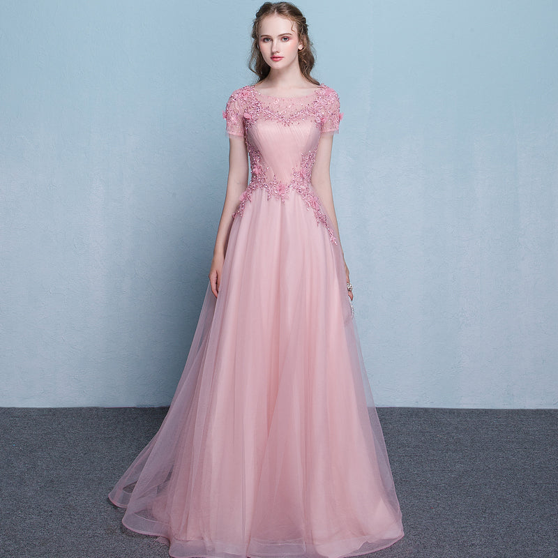 Solvbao Lovely Pink Tulle Long Flowers and Lace Applique Long Formal Gown, Pink Tulle Party Dress Evening Dress