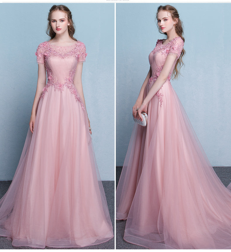 Solvbao Lovely Pink Tulle Long Flowers and Lace Applique Long Formal Gown, Pink Tulle Party Dress Evening Dress