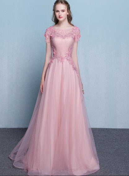 Solvbao Lovely Pink Tulle Long Flowers and Lace Applique Long Formal Gown, Pink Tulle Party Dress Evening Dress