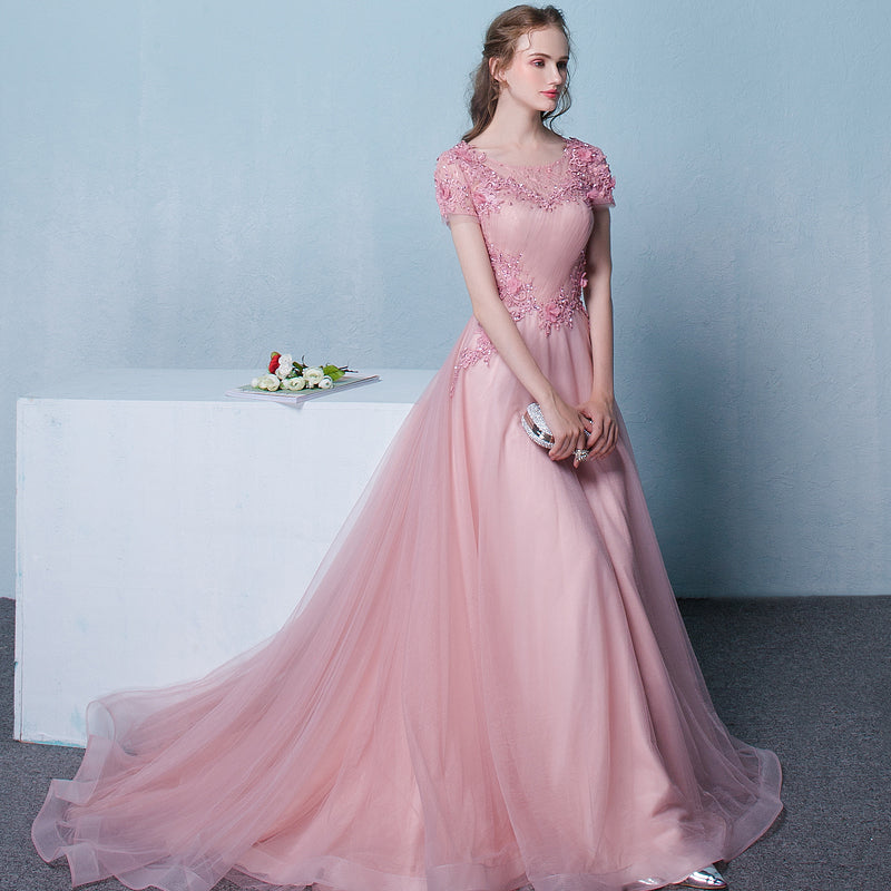 Solvbao Lovely Pink Tulle Long Flowers and Lace Applique Long Formal Gown, Pink Tulle Party Dress Evening Dress