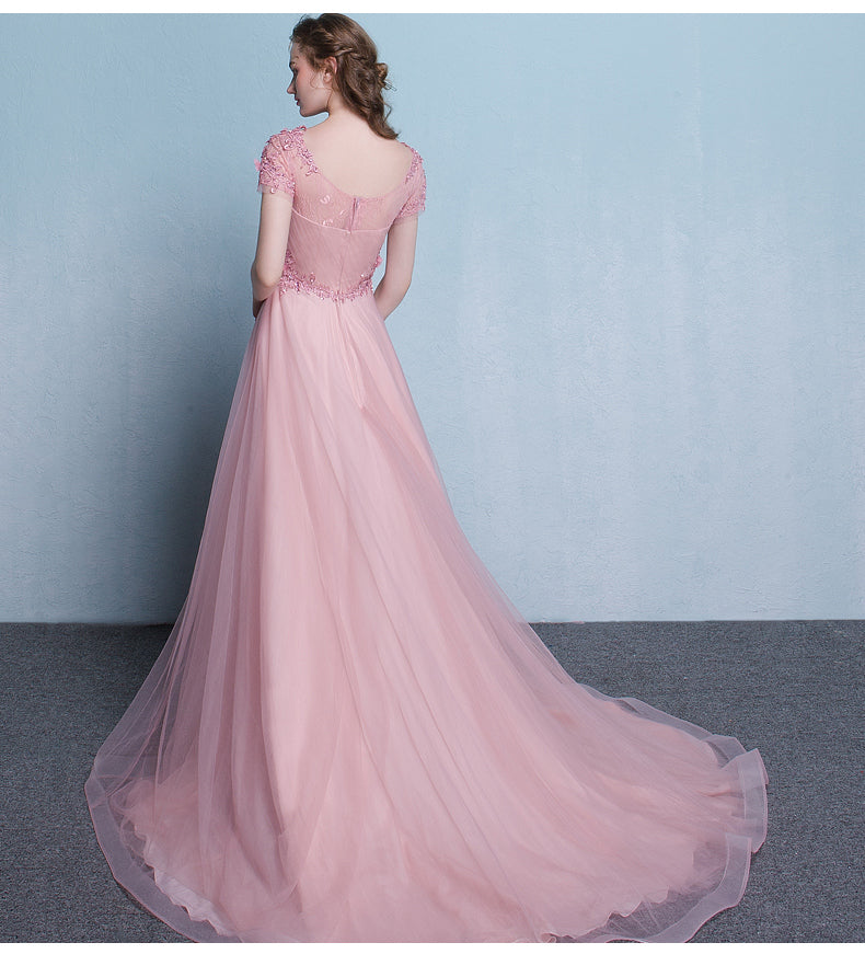 Solvbao Lovely Pink Tulle Long Flowers and Lace Applique Long Formal Gown, Pink Tulle Party Dress Evening Dress