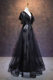 kamahe Modest Black Long A-line V-neck Black Prom Dresses Chic Party Dresses