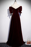 kamahe Modest Charming Burgundy Long Prom Dresses Vintage Evening Dresses With Bowknot