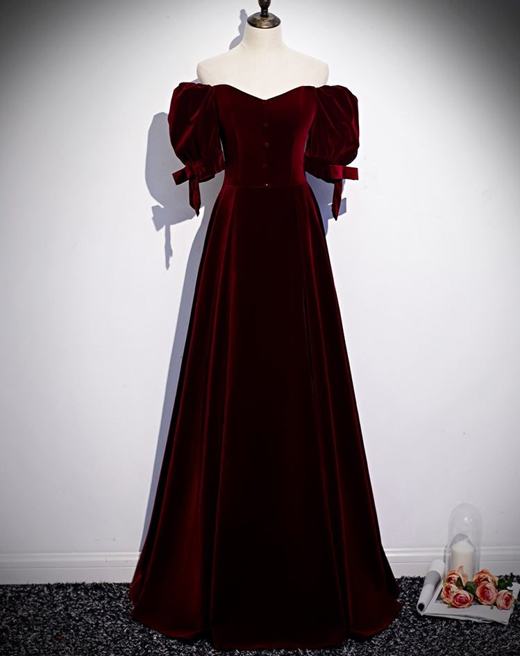 kamahe Modest Charming Burgundy Long Prom Dresses Vintage Evening Dresses With Bowknot