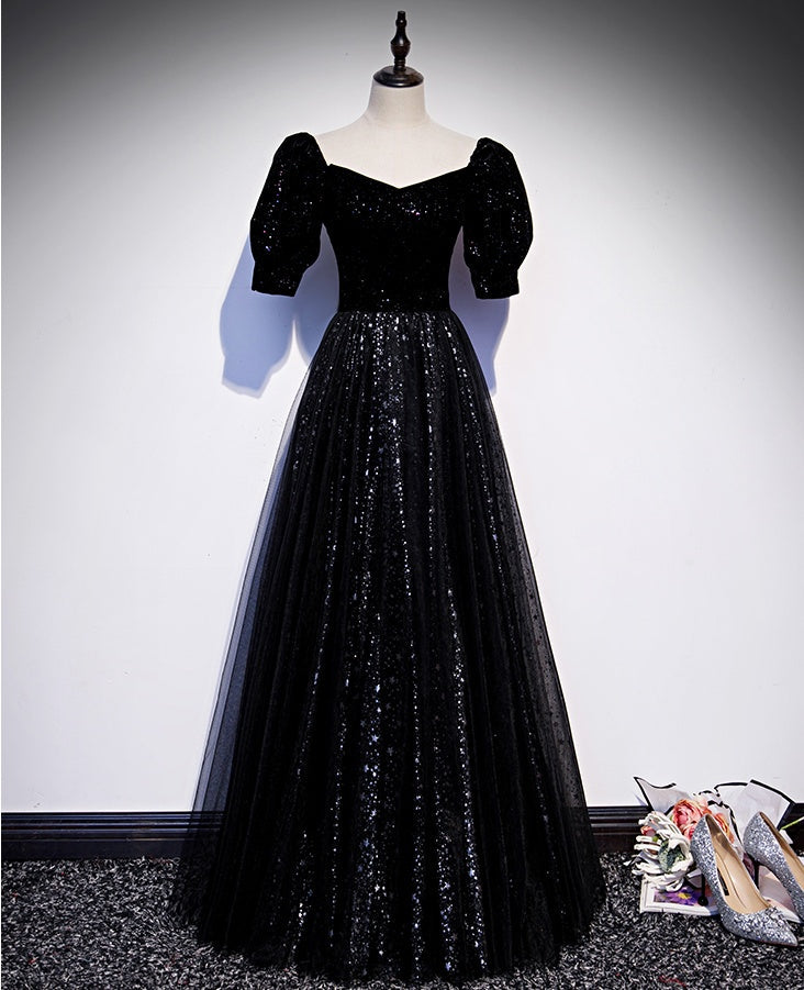 kamahe Modest Sparkly Black Long A-line Prom Dresses With Sleeves Evening Gowns