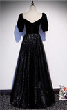 kamahe Modest Sparkly Black Long A-line Prom Dresses With Sleeves Evening Gowns