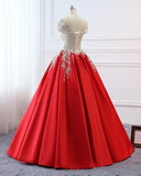 kamahe Modest Red Cap Sleeves Ball Gowns Lace Satin Prom Dresses Evening Dresses