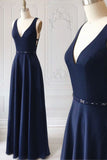 kamahe Navy Blue V-neck Floor Length Simple Cute Long Prom Dresses