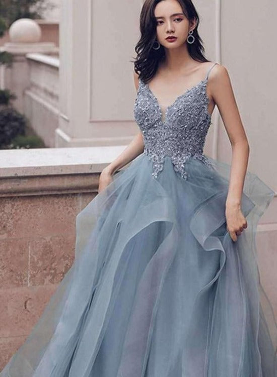 Solvbao Blue Tulle Deep V-neck Appliqued Multi-Layered Organza Prom Dresses, Long Party Dresses