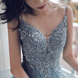 Solvbao Blue Tulle Deep V-neck Appliqued Multi-Layered Organza Prom Dresses, Long Party Dresses