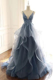 Solvbao Blue Tulle Deep V-neck Appliqued Multi-Layered Organza Prom Dresses, Long Party Dresses