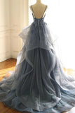 Solvbao Blue Tulle Deep V-neck Appliqued Multi-Layered Organza Prom Dresses, Long Party Dresses