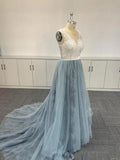 Solvbao Blue V-neckline Tulle Embroidered Ombre Soft Lace V-neck Prom Dresses, Blue Formal Dresses