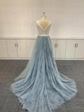 Solvbao Blue V-neckline Tulle Embroidered Ombre Soft Lace V-neck Prom Dresses, Blue Formal Dresses