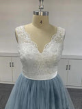 Solvbao Blue V-neckline Tulle Embroidered Ombre Soft Lace V-neck Prom Dresses, Blue Formal Dresses