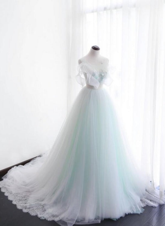 Solvbao Mint Green and White Glam Tulle with Lace Long Wedding Party Dress, Beautiful Formal Dresses