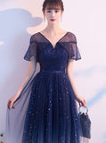 Solvbao Navy Blue Gradient V-neckline Shiny Tulle A-line Prom Dress Party Dress, Blue Tulle Short Bridesmaid Dress