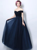 Solvbao Navy Blue Off Shoulder Sweetheart A-line Bridesmaid Dress, Blue Prom Dress Party Dress