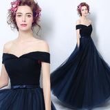 Solvbao Navy Blue Off Shoulder Sweetheart A-line Bridesmaid Dress, Blue Prom Dress Party Dress