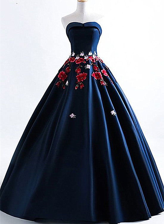 Solvbao Navy Blue Satin Scoop Ball Gown Floor Length Party Dress, Blue Evening Dress