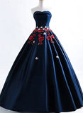 Solvbao Navy Blue Satin Scoop Ball Gown Floor Length Party Dress, Blue Evening Dress